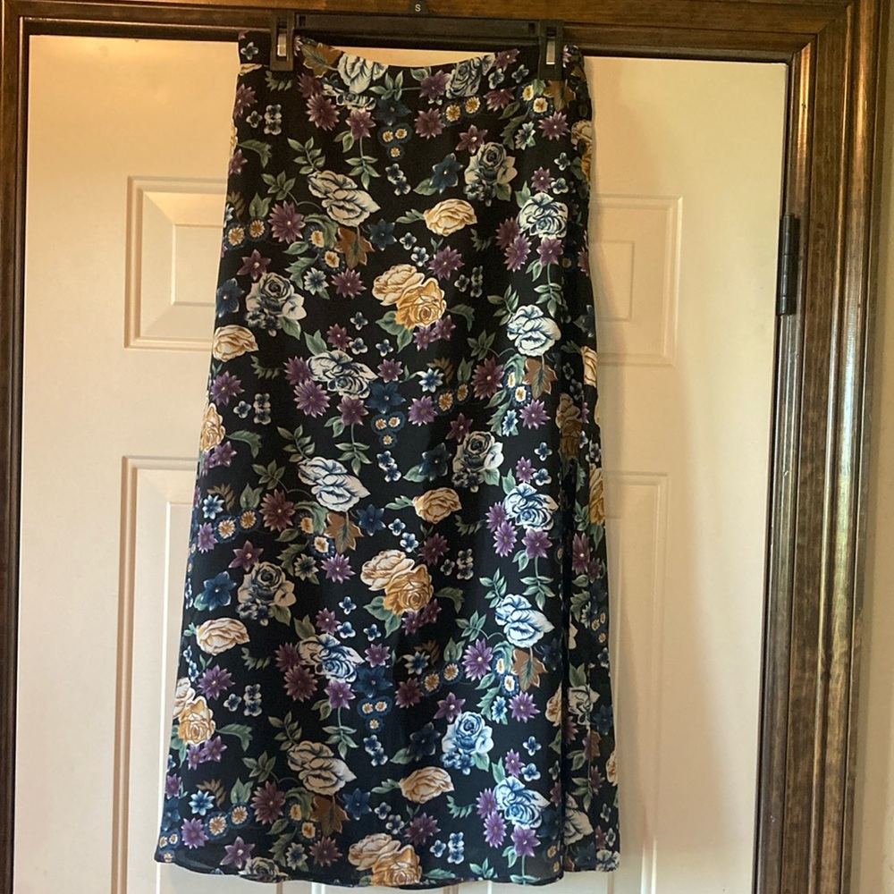 Sag Harbor Black Floral Maxi Skirt with Yellow, Purple and Blue Flowers